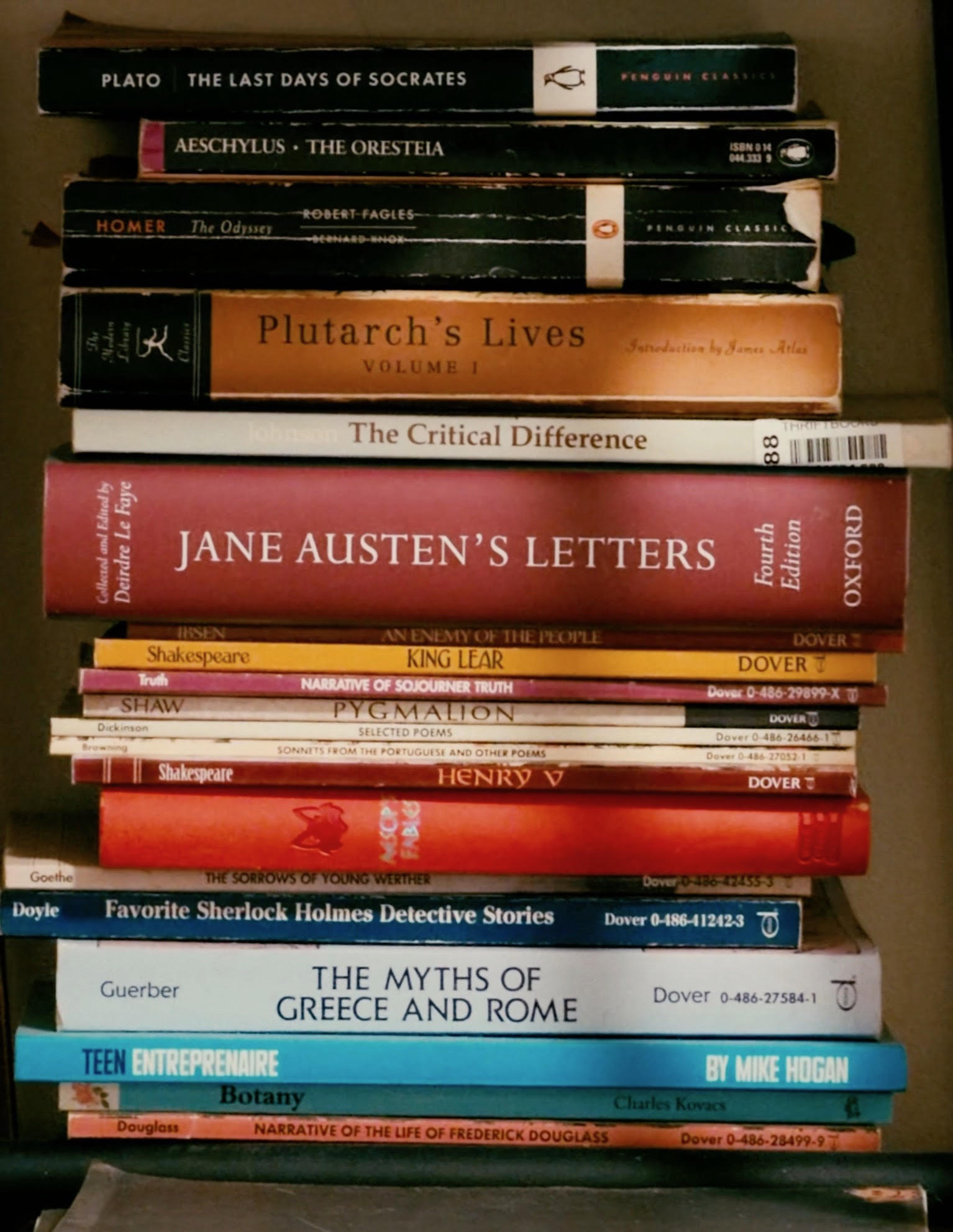 A personal stack of literary classics — Plato, Homer, Aeschylus, Shakespeare, and others — from Xeni's own shelves